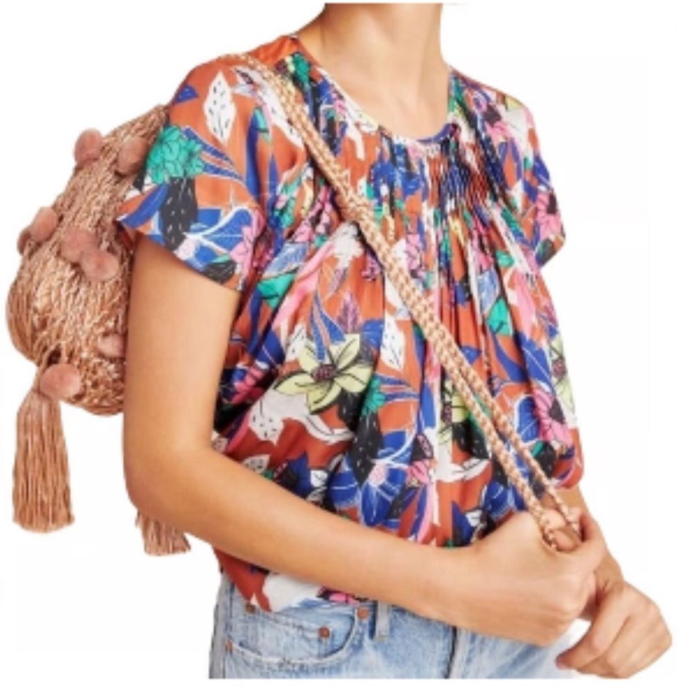 dolan Multicolor Floral Pintuck Short Sleeve Blouse - Rust Base